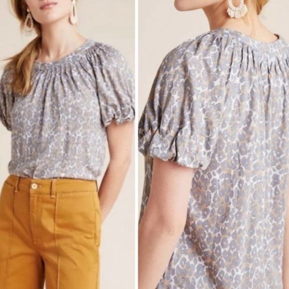 Anthropologie Tops - Anthropologie Maeve 100% linen soft knit leopard print blouse